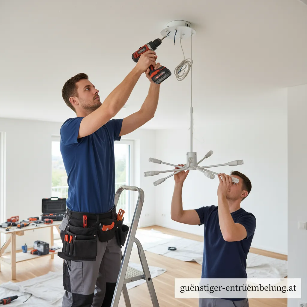 Eine Person, die eine moderne Deckenleuchte an der Decke montiert.