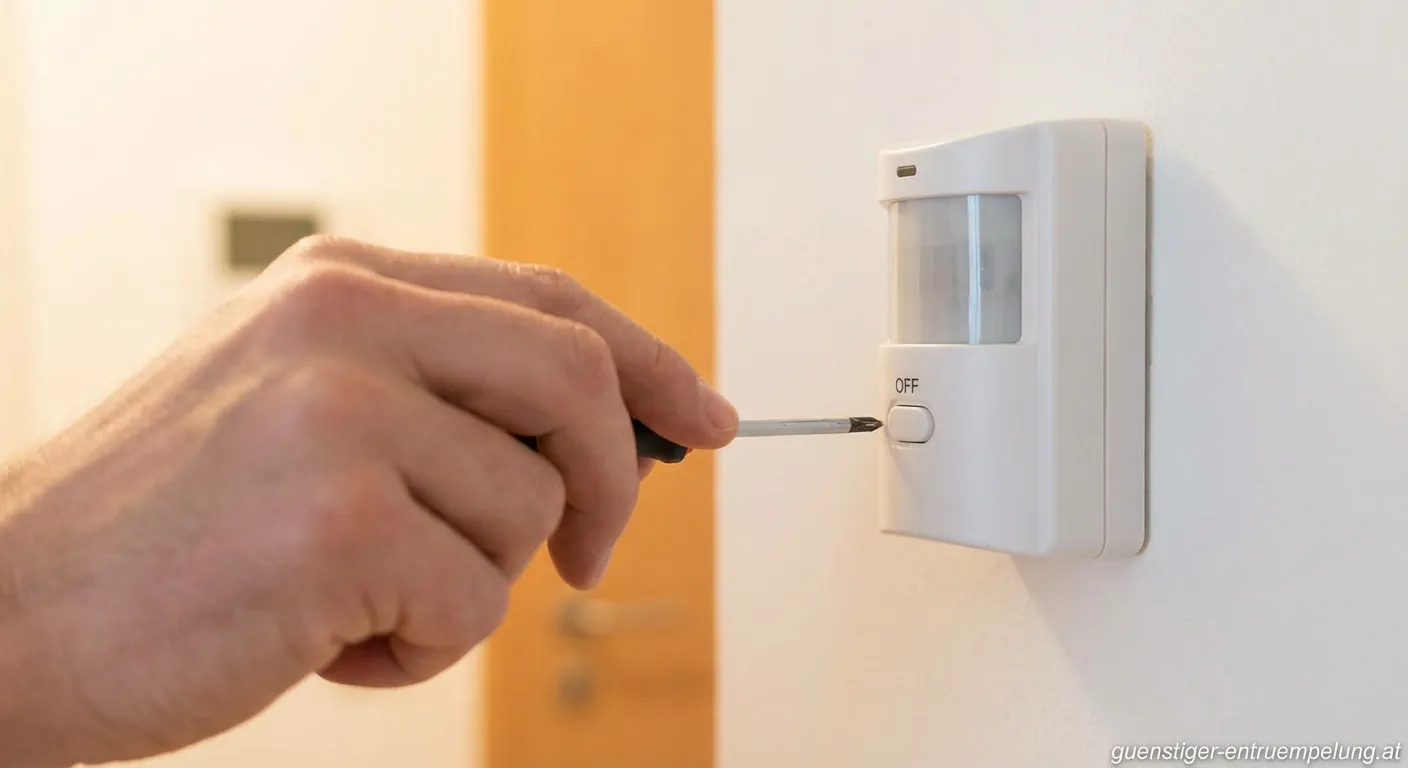 Handwerker arbeitet an einem Bewegungsmelder an der Hauswand