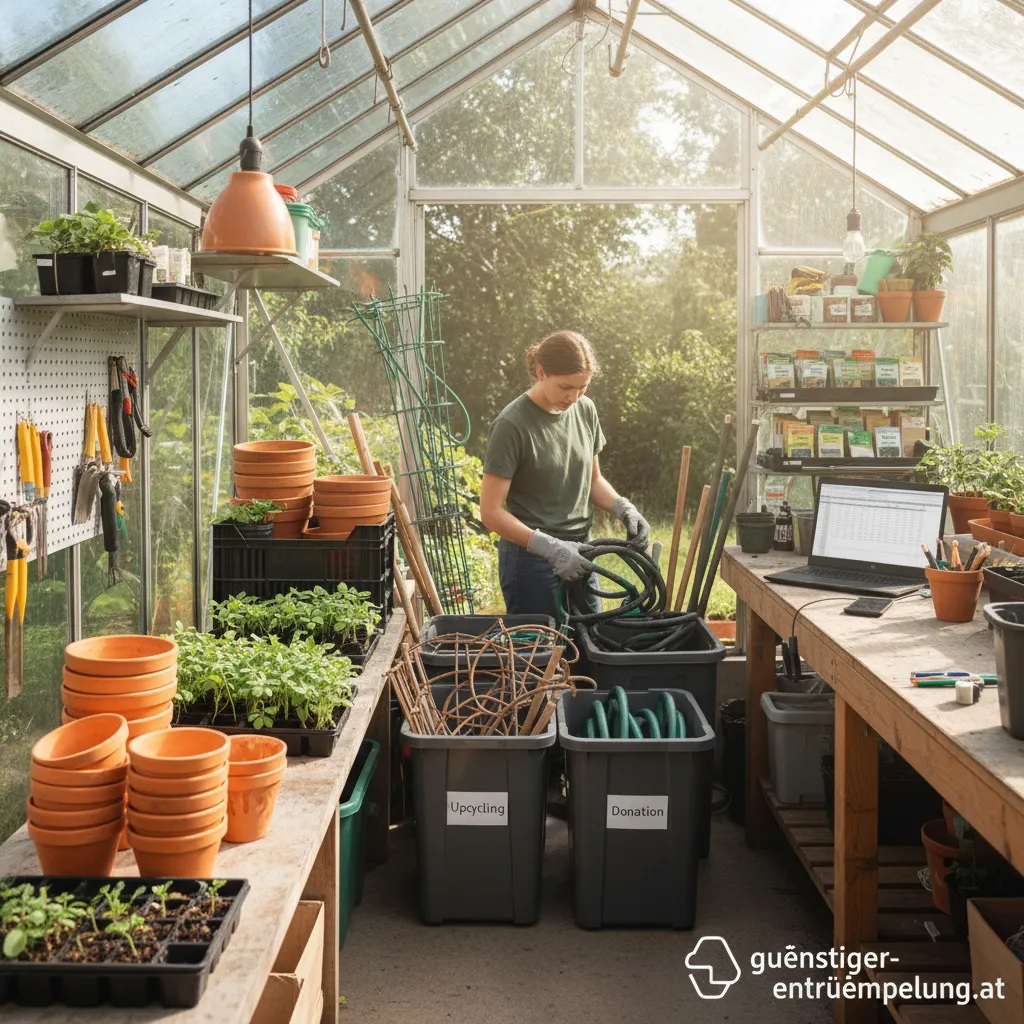 Alte Gießkannen und Pflanztöpfe aus einem Gewächshaus, die wiederverwendet werden