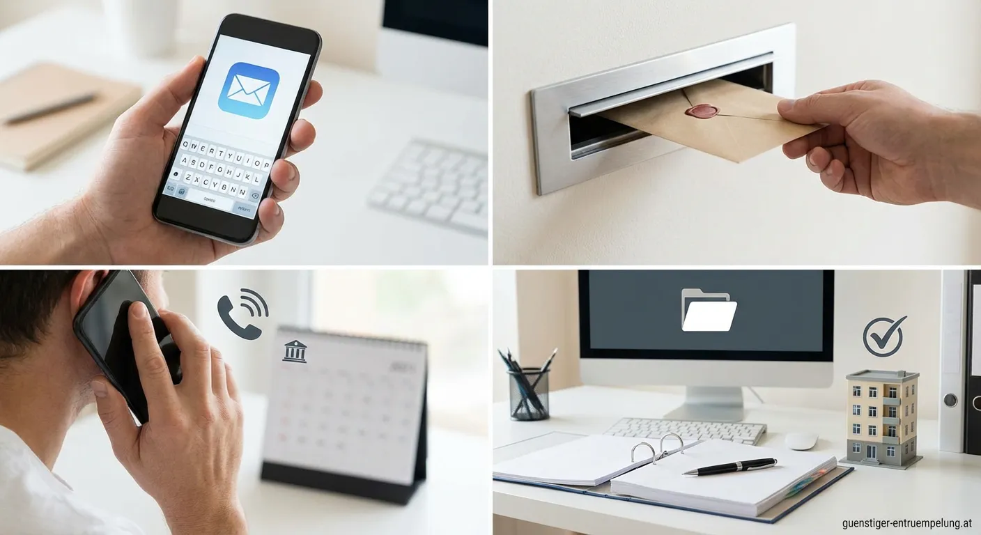 Person schreibt formelle E-Mail an Hausverwaltung am Laptop