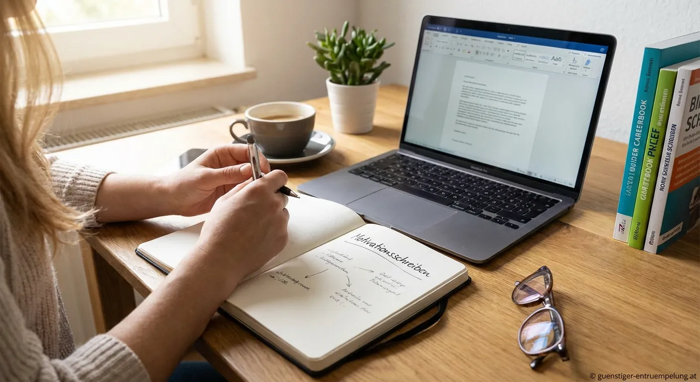 Person am Schreibtisch beim Motivationsschreiben formulieren am Laptop