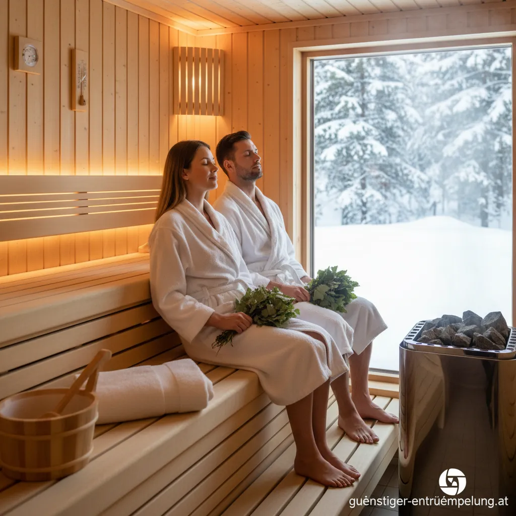 Entspannte Person in einer Holzsauna, die einen Aufguss genießt