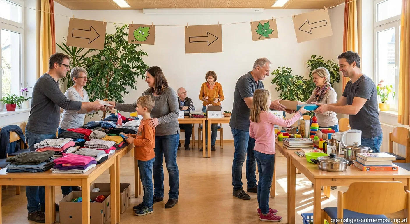 Menschen tauschen Kleidung und Bücher auf einer lokalen Tauschbörse